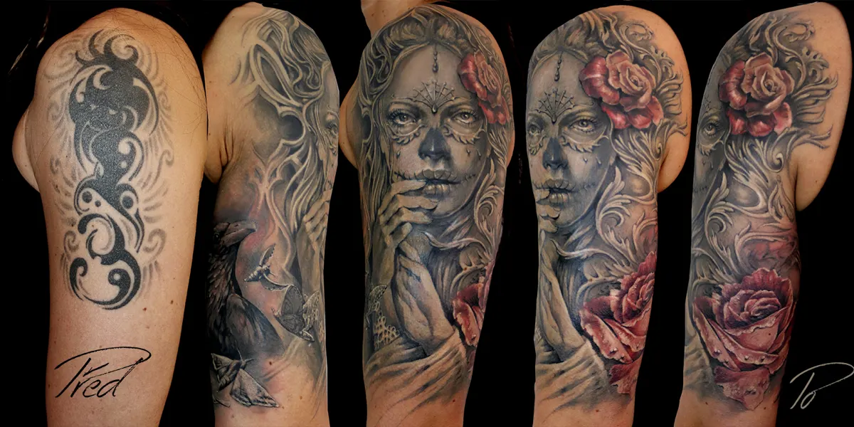 La Muerte, vrána a růže · cover-up · rukáv