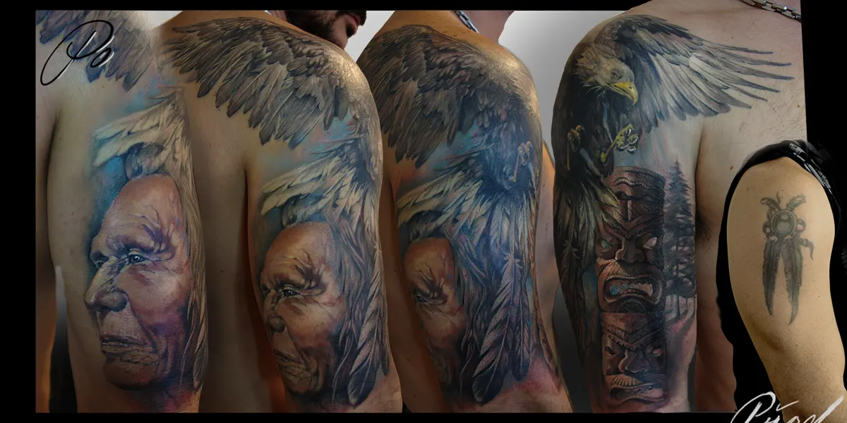Indiánský totem s orlem · cover-up · rukáv