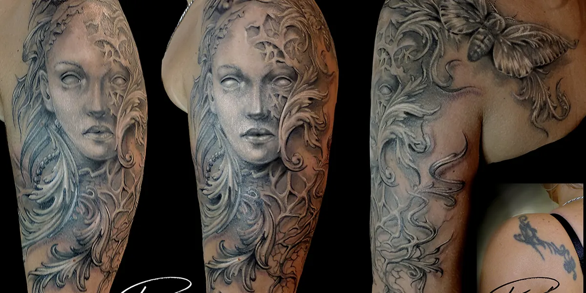 Portrét s můrou · cover-up · rukáv